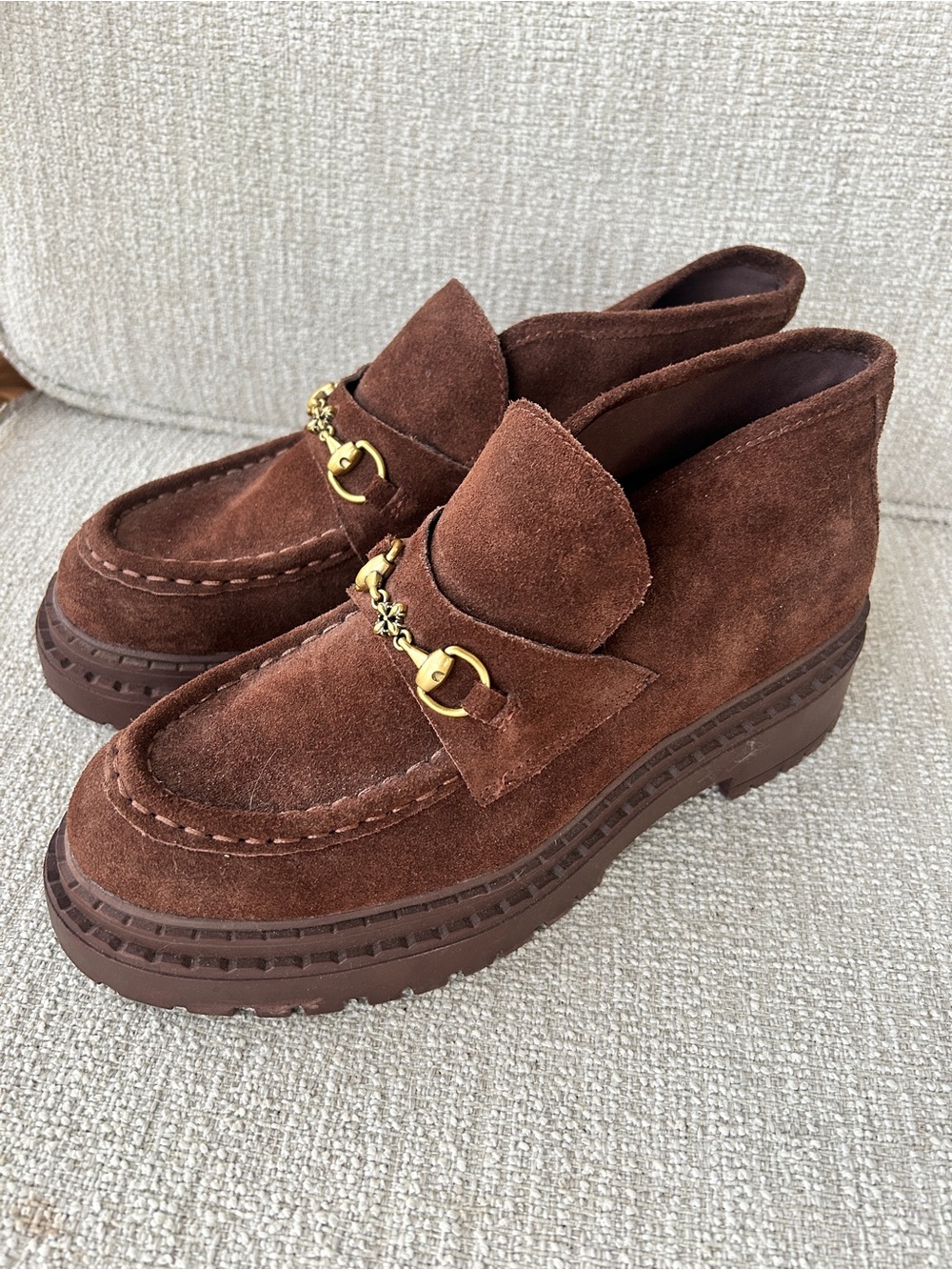 Steve Madden Brown Suede Gold-Bit Slip-On Loafers - Picture 2 of 6